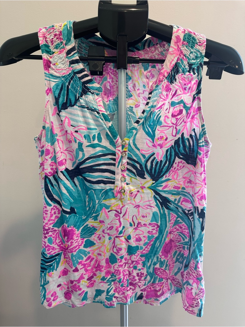 Lilly Pulitzer Pink & Teal Floral Henley Tank